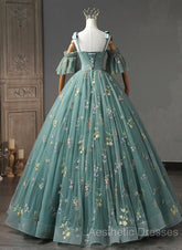 Green Floral Straps Sweetheart Long Party Dresses, Green Sweet 16 Dresses
